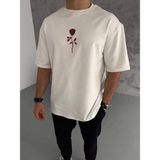 Mbb E-Ticaret Erkek Kısa Kol Tişört Bisiklet Yaka Gül Baskılı Oversize T-Shirt - Beyaz