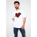Mbb E-Ticaret Erkek Kısa Kol Tişört Bisiklet Yaka Kalp Baskılı Oversize T-Shirt - Beyaz - XL