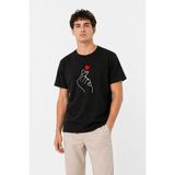 Mbb E-Ticaret Erkek Kore Parmak Kalp Aşk Temalı Minimal Baskılı Tişört Yazlık Kısa Kol T-Shirt - Siyah - XL