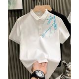 Mbb E-Ticaret Erkek Polo Yaka Tişört Düğmeli Pike Yıldırım Baskılı T-Shirt - Beyaz - 2XL