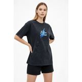 Mbb E-Ticaret Kadın Asit Yıkamalı Oversize Tişört Bisiklet Yaka Kısa Kol T-Shirt - Siyah