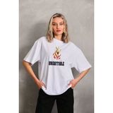 Mbb E-Ticaret Kadın Baskılı T-Shirt Kısa Kol Bisiklet Yaka Oversize Rahat Kalıp Günlük Tişört - Beyaz - 2XL