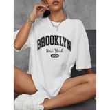 Mbb E-Ticaret Kadın Brooklyn Baskılı Tişört Kısa Kol Bisiklet Yaka Oversize T-Shirt - Beyaz