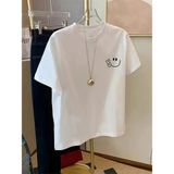 Mbb E-Ticaret Kadın Gülücük Baskılı Tişört Kısa Kol Bisiklet Yaka Oversize T-Shirt - Beyaz