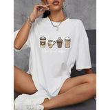 Mbb E-Ticaret Kadın Kahve Desen Baskılı Tişört Kısa Kol Bisiklet Yaka Oversize T-Shirt - Beyaz