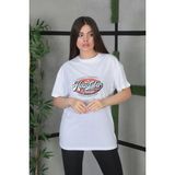 Mbb E-Ticaret Kadın Kısa Kol Yazlık Tişört Bisiklet Yaka Baskılı Oversize T-Shirt - Beyaz - 2XL