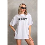 Mbb E-Ticaret Kadın Kısa Kol Yazlık Tişört Bisiklet Yaka Baskılı Oversize T-Shirt - Beyaz - XL