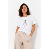 Mbb E-Ticaret Kadın Kore Parmak Kalp Aşk Temalı Minimal Baskılı Tişört Yazlık Kısa Kol T-Shirt - Beyaz - XL