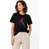 Mbb E-Ticaret Kadın Kore Parmak Kalp Aşk Temalı Minimal Baskılı Tişört Yazlık Kısa Kol T-Shirt - Siyah - 2XL