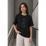 Mbb E-Ticaret Kadın Minimal Gitar Baskılı Tişört T-Shirt Yazlık Kısa Kol Bisiklet Yaka T-Shirt - Siyah - 2XL