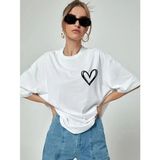 Mbb E-Ticaret Kadın Tişört Bisiklet Yaka Baskılı Oversize T-Shirt - Beyaz - XL