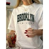 Mbb E-Ticaret Kadın Tişört Bisiklet Yaka Brooklyn Baskılı Kısa Kollu T-Shirt - Beyaz - 2XL
