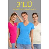 Mbb E-Ticaret Kadın V Yaka Tişört Kısa Kol Slim Fit T-Shirt 3'lü Set Pembe-Açık Mavi-Ekru - Çok Renkli