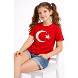 Mbb E-Ticaret Kız Çocuk Tişört Bisiklet Yaka Ay Yıldız Bayrak Baskılı T-Shirt - Kırmızı - 8 - 9 Yaş