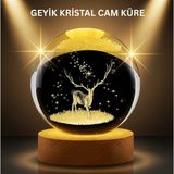 Mbb E-Ticaret LED Işıklı Geyikli Kristal Küre Ahşap Standlı Modern Dekor Lamba