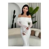 MBK Fashion Beyaz Dantel Uzun Abiye Elbise Düşük Omuz Şık Davet Elbisesi