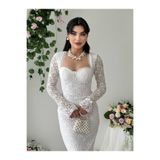 MBK Fashion Beyaz Dantel Uzun Kollu Abiye Elbise