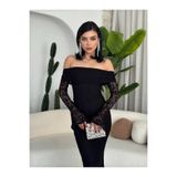 MBK Fashion Siyah Dantel Uzun Abiye Elbise Düşük Omuz Şık Davet Elbisesi