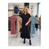 MC Boutique Kadın Siyah Gömlek Yaka Boydan Düğmeli Kuşaklı Midi Elbise