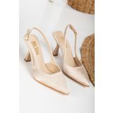 Mc vay Shoes Stiletto Gold Toka Detaylı Krem Saten Kadın Stiletto Ayakkabı
