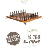 Mc33 - Metal Satranç Takımı Çin Antik Figürlü Metal Taşlar – Gerçek Kayın Tahtası - Hediyelik Satranç Takımı - 25X25cm