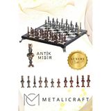 Mc76 Antik Mısır Figürlü Metal Satranç Takımı - 30Cm Mermer Desenli Tahta – El Yapımı Taşlar