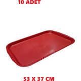 MCM Group 10 Adet Büyük Kırmızı Plastik Servis Tepsisi Kırılmaz Lokanta Büfe Fast Food Kullanım ( 53 X37 Cm)
