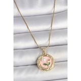 MCM Group 316L Çelik Gold Renk Zincir Pembe Çiçek Işlemeli Inci Detay Portre Model Kadın Kolye - Lisinya