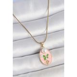 MCM Group 316L Çelik Gold Renk Zincir Pembe Mineli Oval Incili Çiçek Işlemeli Portre Model Kadın Kolye - Lisinya