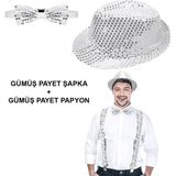 MCM Group Gümüş Payetli Şapka ve Papyon Seti – Parıltılı Yetişkin Kostüm Seti