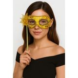 MCM Group Lüks Taşlı Saplı Maskeli Balo Maskesi Altın Renk 35 cm