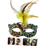 MCM Group Siyah Kadife Üzeri Rengarenk Payetli Pullu Sarı Tüylü Sarı Taşlı Parti Maskesi 19X21 cm