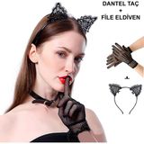 MCM Group Siyah Kedi Dantel Taç + Eldiven Seti – Parti, Dans ve Kostüm Kombini - Lisinya
