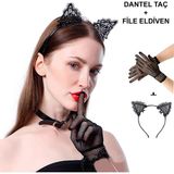 MCM Group Siyah Kedi Dantel Taç + Eldiven Seti – Parti, Dans ve Kostüm Kombini