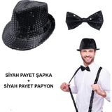 MCM Group Siyah Payetli Şapka ve Papyon Seti – Parıltılı Yetişkin Kostüm Seti - Lisinya