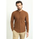 Mcr Çizgi Desenli Açık Kahverengi Slim Fit Hakim Yaka Uzun Kollu Erkek Gömlek