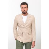 MCR Çizgili Bej Rengi Slim Fit Geniş Yaka Kruvaze Keten Erkek Ceket - 56