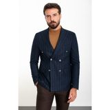 MCR Çizgili Lacivert Slim Fit Geniş Yaka Kruvaze Yün Erkek Ceket - 56