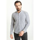 MCR Çizgili Siyah Renk Slim Fit Uzun Kollu Keten Erkek Gömlek - Siyah - Beyaz