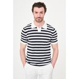 MCR Çizgili Slim Fit Apaç Yaka Erkek Triko T-Shirt - Ekru - Lacivert