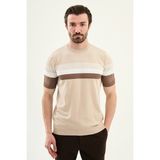 MCR Çizgili Slim Fit Bisiklet Yaka Erkek Triko T-Shirt - Bej - 2XL