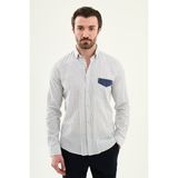 MCR Çizgili Slim Fit Cep Detaylı Uzun Kollu Keten Erkek Gömlek - Lacivert