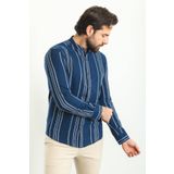 Mcr Çizgili Slim Fit Hakim Yaka Uzun Kollu Erkek Gömlek Lacivert - 37747.23y