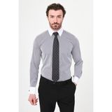 MCR Çizgili Slim Fit Polikort Yaka Kol Düğmeli Uzun Kollu Erkek Gömlek - Siyah
