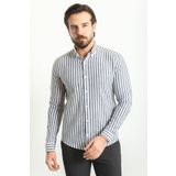 Mcr Çizgili Slim Fit Uzun Kollu Keten Erkek Gömlek Siyah-Beyaz - 37770.23Y