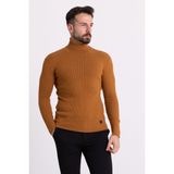 MCR Çizgili Tütün Rengi Slim Fit Tam Balıkçı Yaka Erkek Triko Kazak