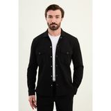 MCR Çizgli Slim Fit Gömlek Yaka Çıtçıtlı Mont Ipli Pantolon Takım - 48 - Siyah
