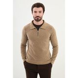 MCR Desenli Bej Slim Fit Fermuarlı Polo Yaka Erkek Triko Kazak - XL