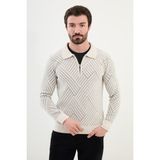 MCR Desenli Ekru Slim Fit Fermuarlı Polo Yaka Erkek Triko Kazak - 2XL