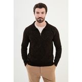 MCR Desenli Kahverengi Slim Fit Fermuarlı Polo Yaka Erkek Triko Kazak